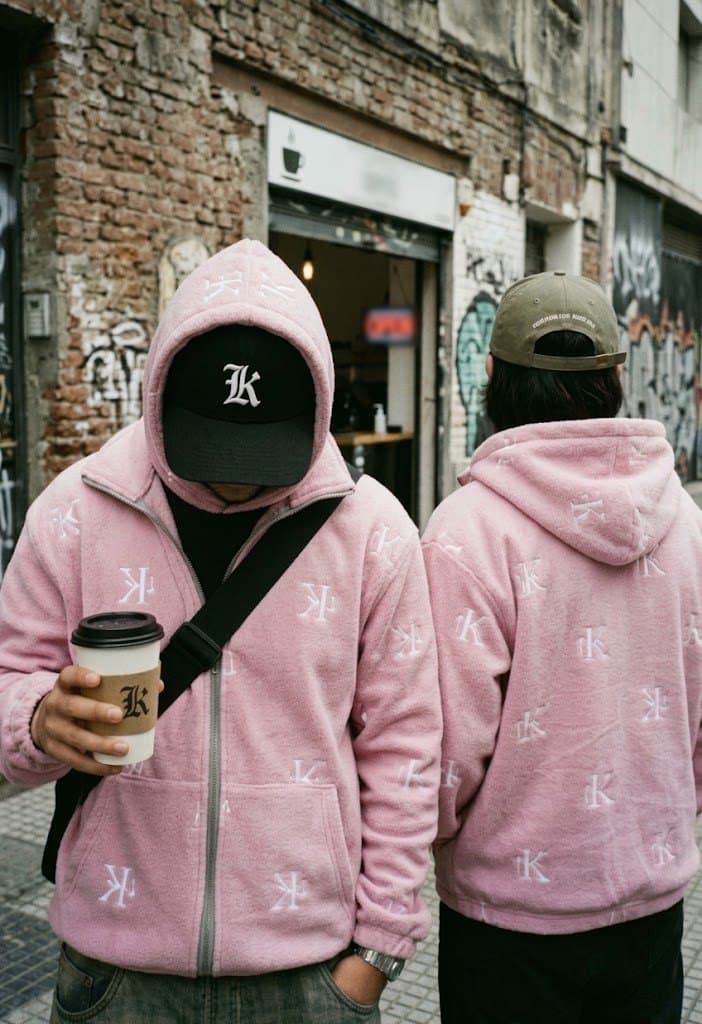 Campera Cypher rosa, de frente, en una cafetería